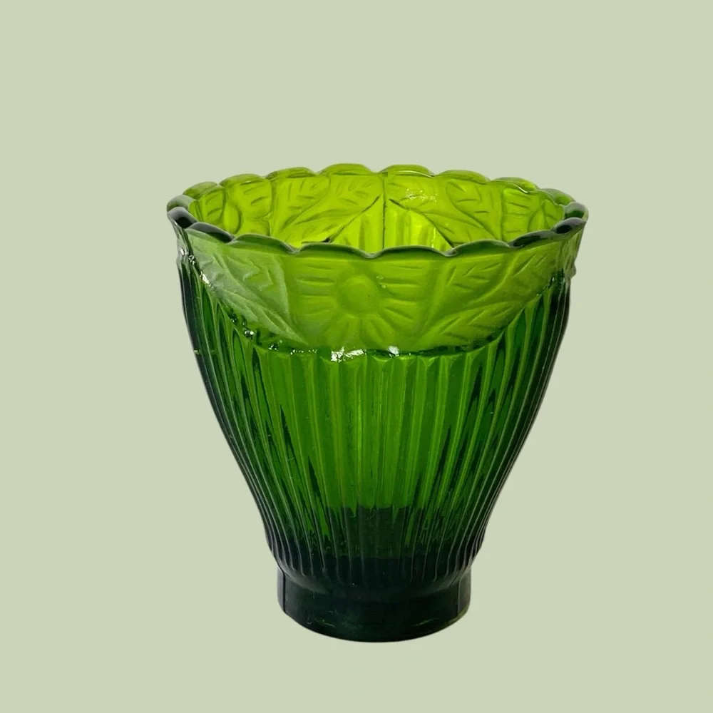 Crate & Barrel Green Glass Frosted and Glossy Ribbed Floral Candle Holder 4.25